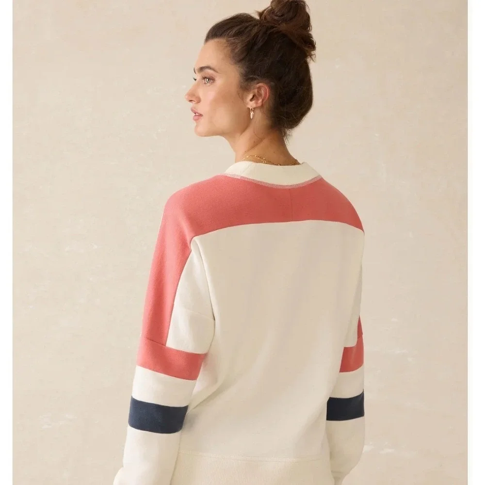 NWT Faherty High Standard Fleece Varsity Crew Rosewood Field Colorblock  L Retro - Picture 7 of 7